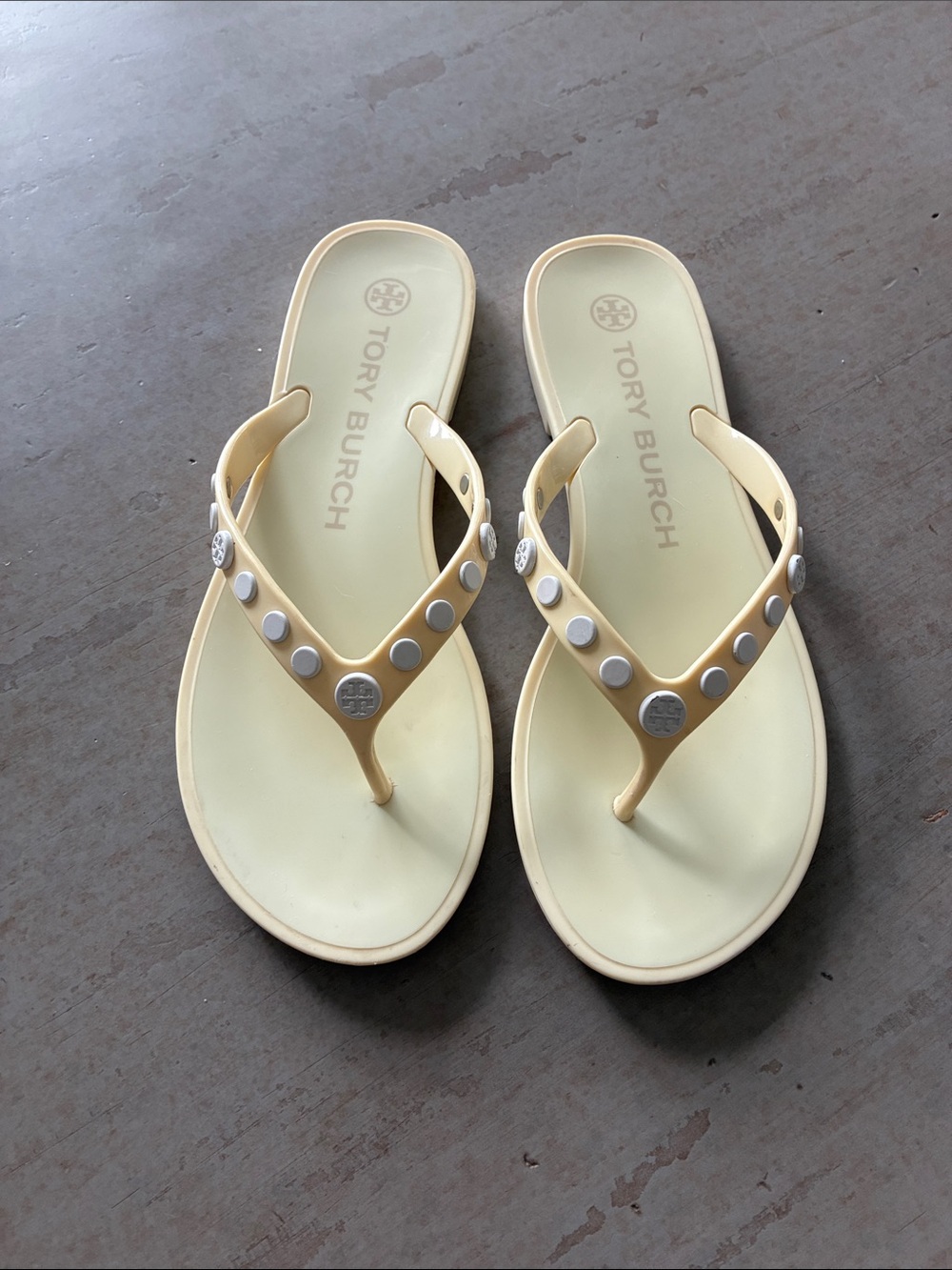 Tory Burch Pale Yellow Jelly Studded Thong Sandals